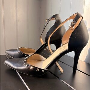 Black Studded Pointed-Toe Ankle-Strap Heels